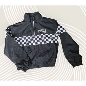 Kids black checkered windbreaker lane splitter half zip quarter anorak jacket